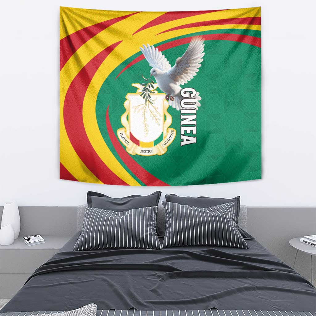 Guinea tapestry wall hanging featuring white pigeon and crest, green yellow red flag