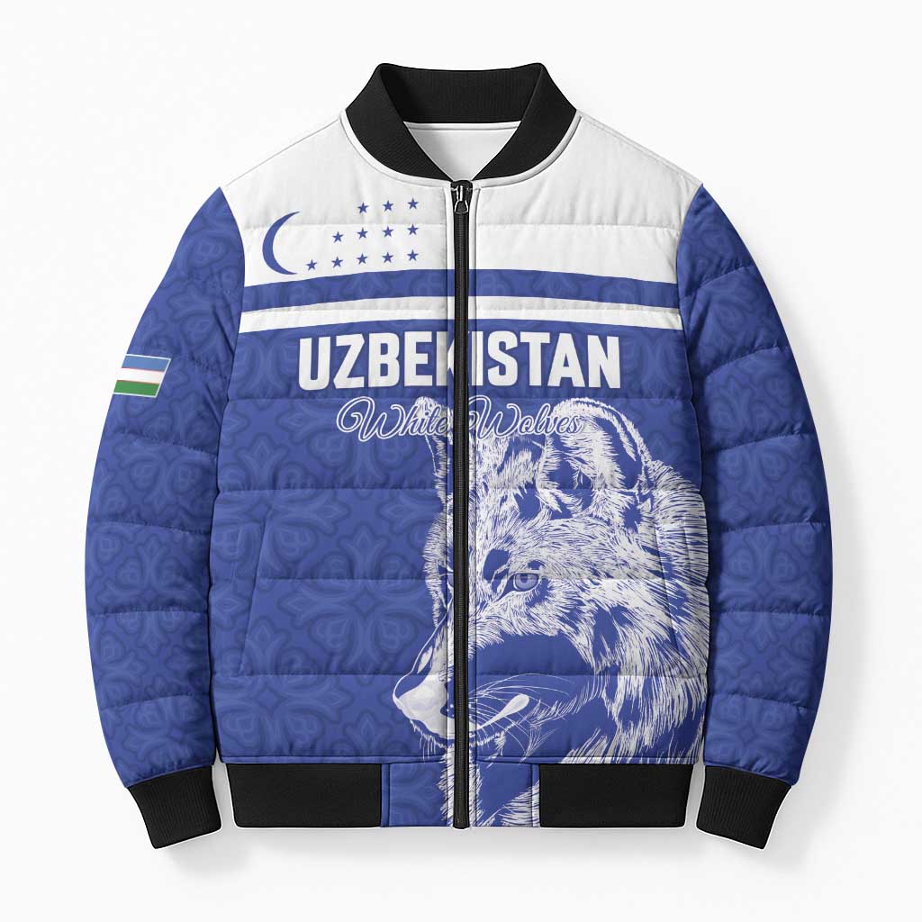 Custom Uzbekistan Football 2026 Bomber Puffer Jacket White Wolves Rising