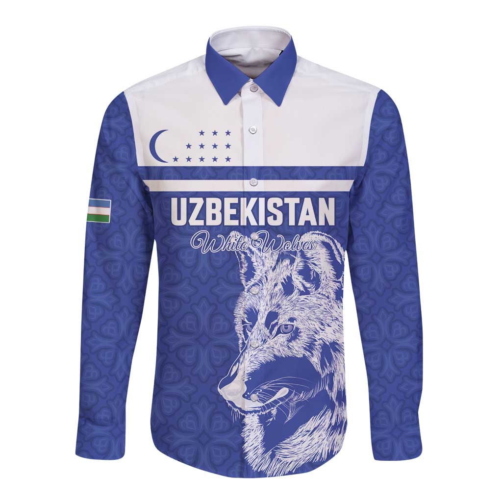 Custom Uzbekistan Football 2026 Long Sleeve Button Shirt White Wolves Rising