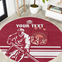 Red round hockey-themed carpet with white player graphic and “YOUR TEXT”