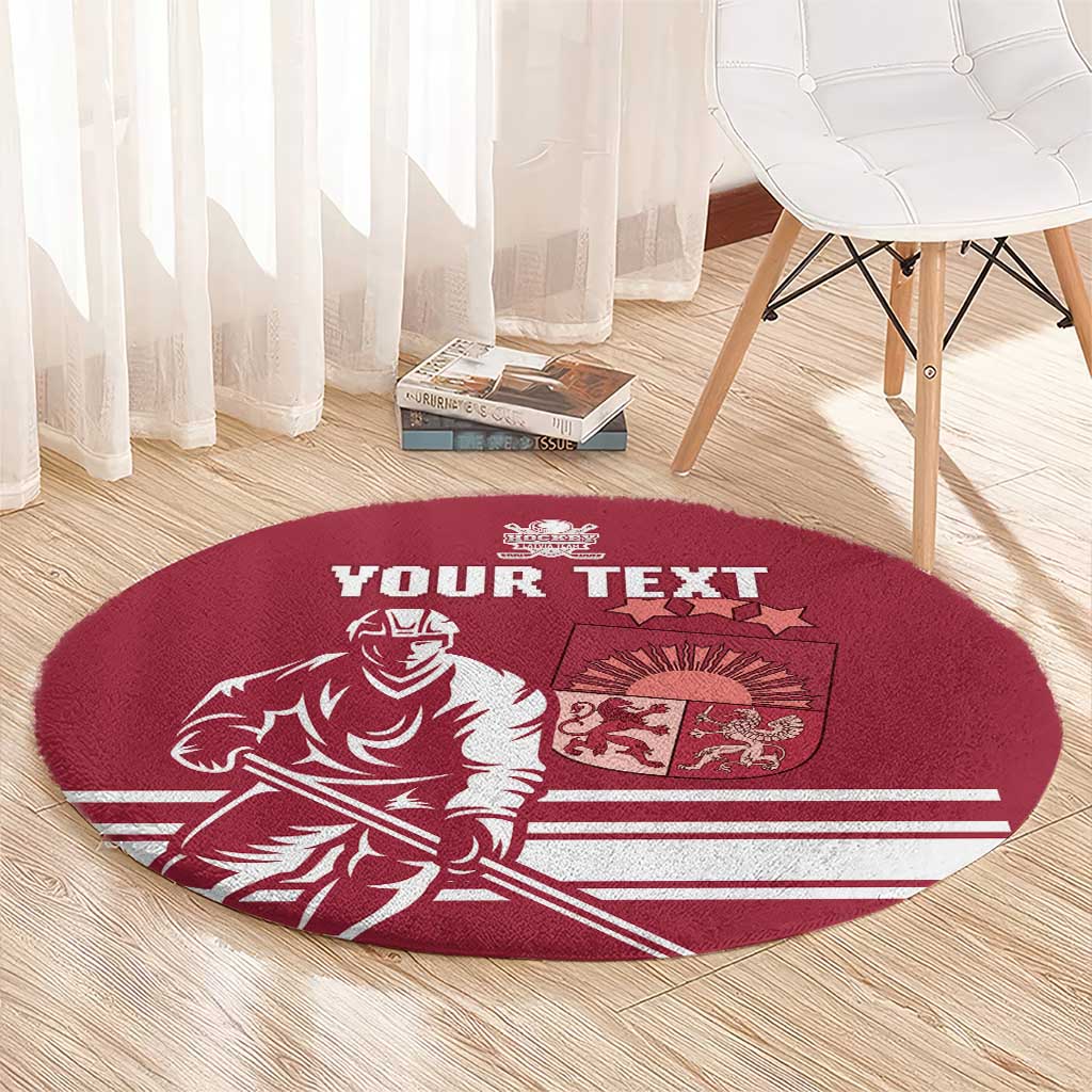 Red round hockey carpet with white “YOUR TEXT” and player graphic, angled view