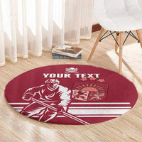 Red round hockey carpet with white “YOUR TEXT” and player graphic, angled view