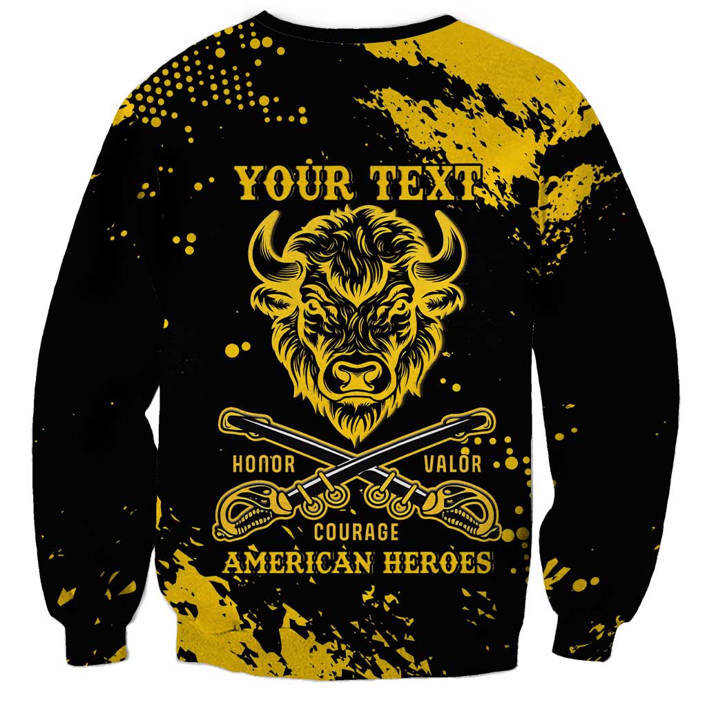 Black unisex sweatshirt with yellow back graphic: YOUR TEXT, buffalo head, rifles