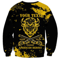 Black unisex sweatshirt with yellow back graphic: YOUR TEXT, buffalo head, rifles