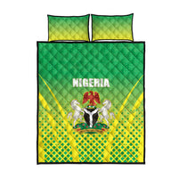 Nigeria quilt bed set with two pillowcases, green and yellow grid pattern, emblem
