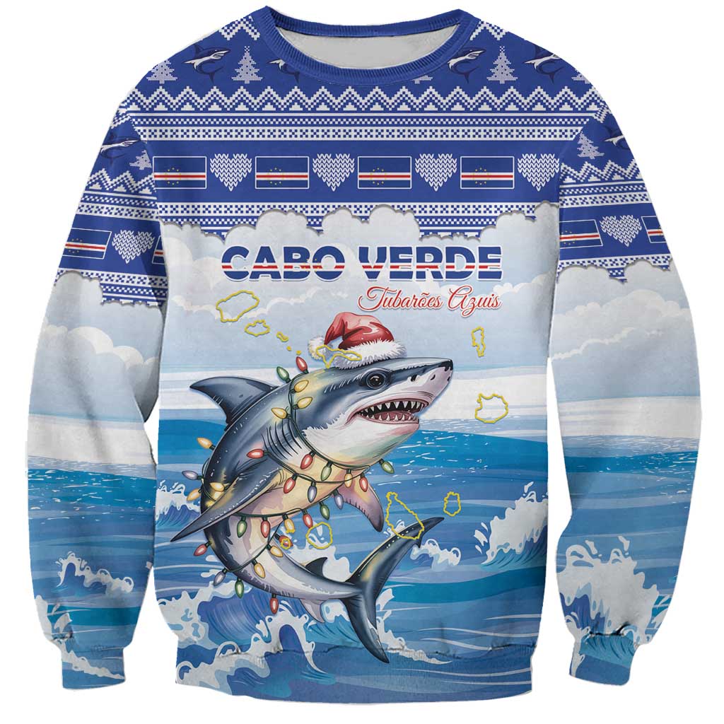 Personalized Cape Verde Football Christmas Sweatshirt Feliz Natal Tubaroes Azuis - Wonder Print Shop
