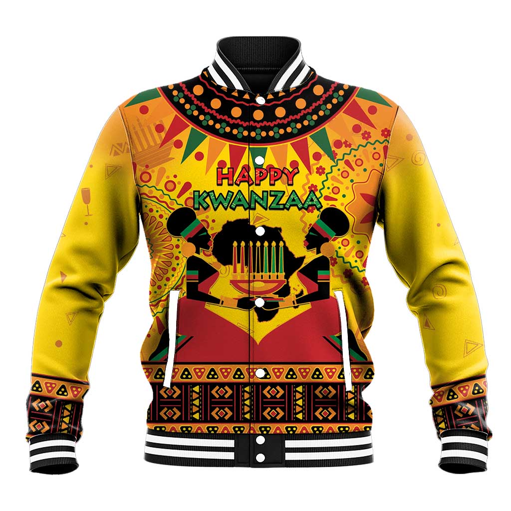 Unisex orange varsity baseball jacket with black ribbed hem, striped collar, Happy Kwanzaa art