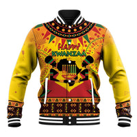 Unisex orange varsity baseball jacket with black ribbed hem, striped collar, Happy Kwanzaa art
