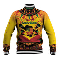 Unisex orange baseball jacket with ribbed collar, cuffs, and Happy Kwanzaa front graphic