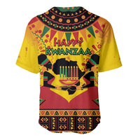 Yellow/orange baseball jersey with Happy Kwanzaa graphic and geometric border at hem