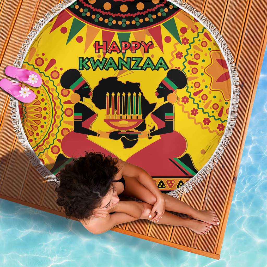Round beach blanket with Happy Kwanzaa central scene and multicolor African pattern, fringe