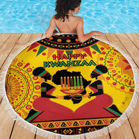 Round beach blanket with Happy Kwanzaa text and candleholder artwork, bright yellow design, fringe