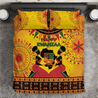 Orange African-pattern bedding set with 'Happy Kwanzaa' text and candleholder graphic