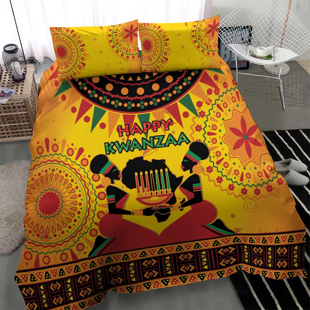 Orange African-pattern bedding set with pillows featuring 'Happy Kwanzaa' candleholder