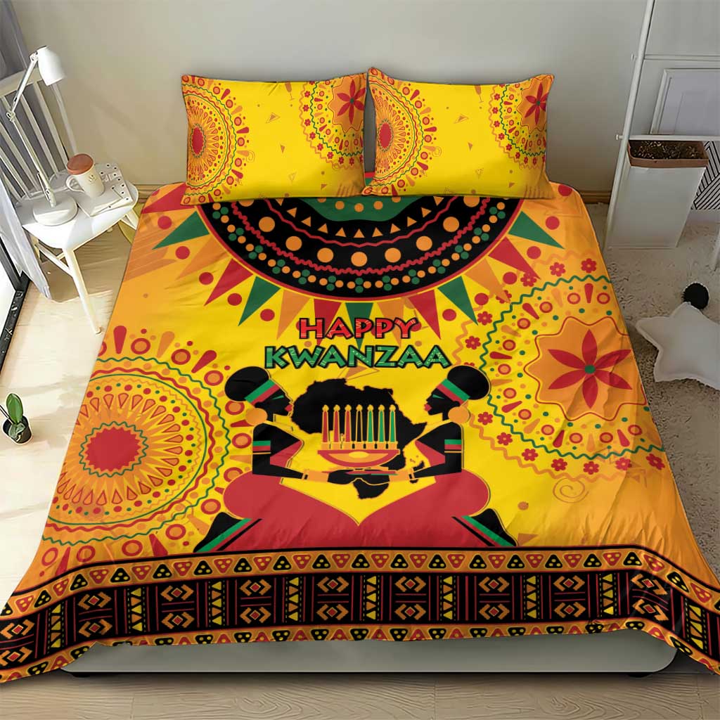 Orange African-pattern bedding set with pillows and 'Happy Kwanzaa' candleholder design