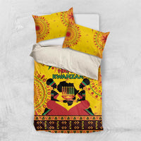 Orange African-pattern duvet cover set with two pillowcases and 'Happy Kwanzaa' print
