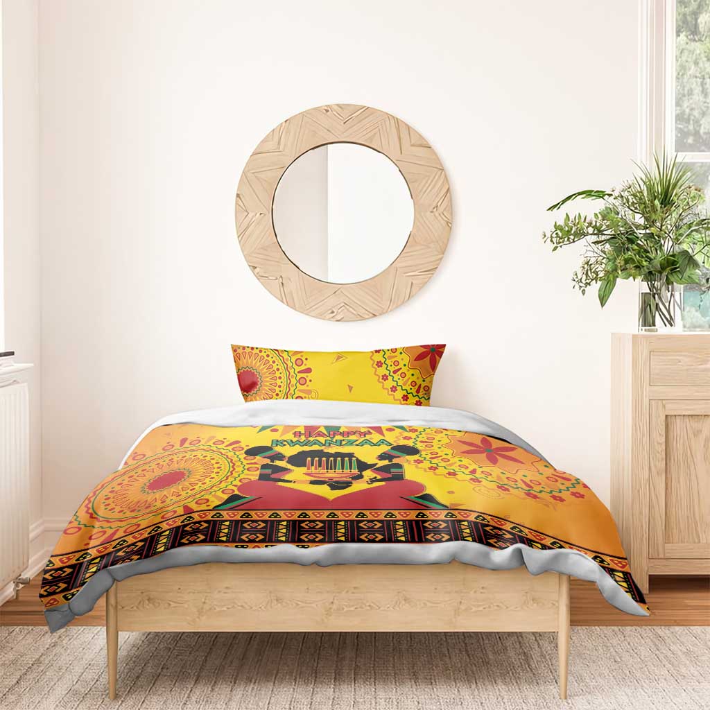 Orange African-pattern duvet bedding set with 'Happy Kwanzaa' banner on bed