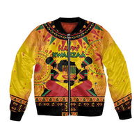 Orange bomber jacket with black ribbed collar and cuffs, Happy Kwanzaa graphic