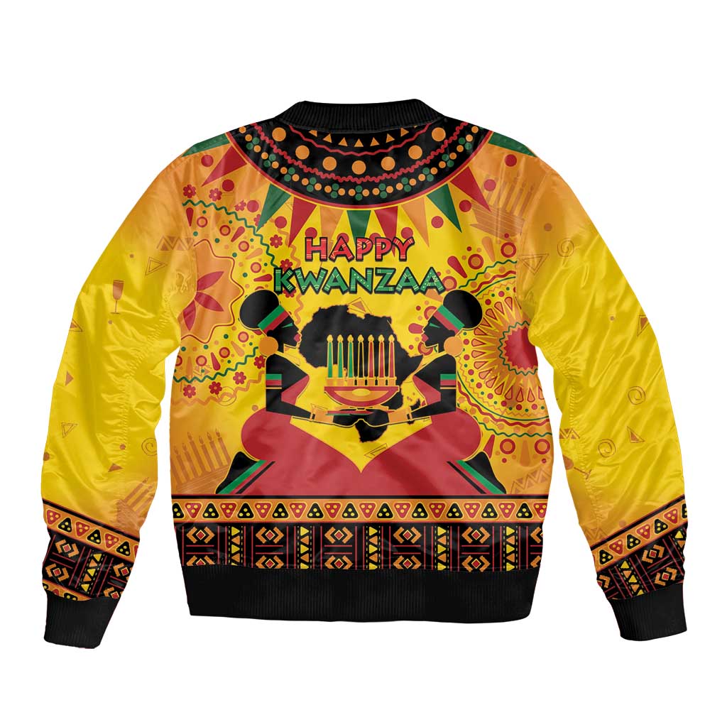 Orange bomber jacket with front zipper, Happy Kwanzaa African print and black trim