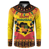 Kwanzaa holiday button sweatshirt with black collar and colorful 'Happy Kwanzaa' graphic