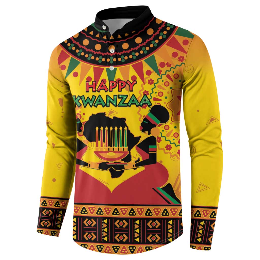 Kwanzaa holiday button sweatshirt, yellow base, black collar, African pattern 'Happy Kwanzaa'
