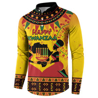 Kwanzaa holiday button sweatshirt, yellow base, black collar, African pattern 'Happy Kwanzaa'