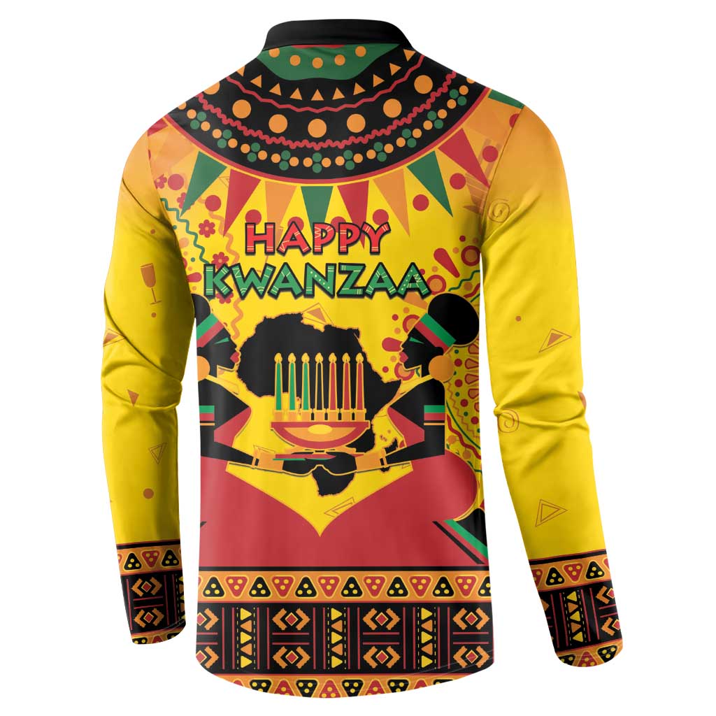 Kwanzaa holiday button sweatshirt, yellow back with 'Happy Kwanzaa' and candle graphic