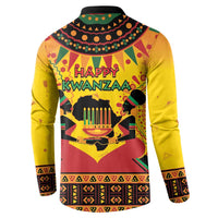 Kwanzaa holiday button sweatshirt, yellow back with 'Happy Kwanzaa' and candle graphic