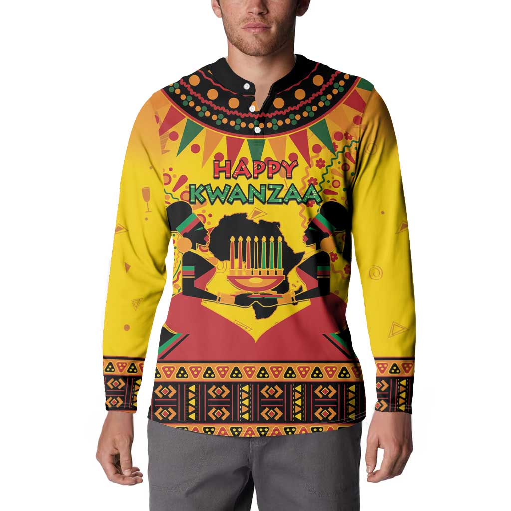 Kwanzaa holiday button sweatshirt with black collar and large 'Happy Kwanzaa' print