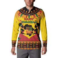 Kwanzaa holiday button sweatshirt with black collar and large 'Happy Kwanzaa' print
