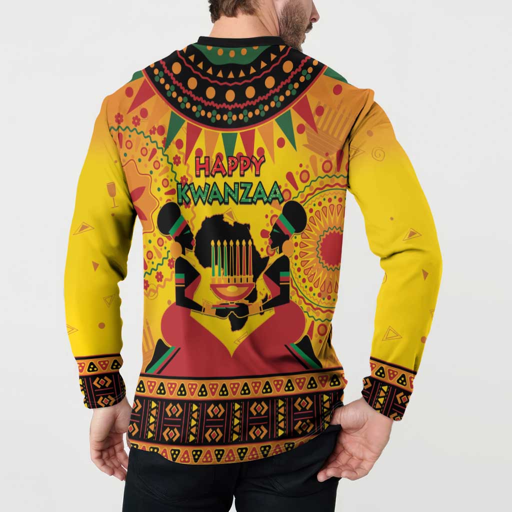 Kwanzaa holiday button sweatshirt back view, yellow with 'Happy Kwanzaa' and African motifs