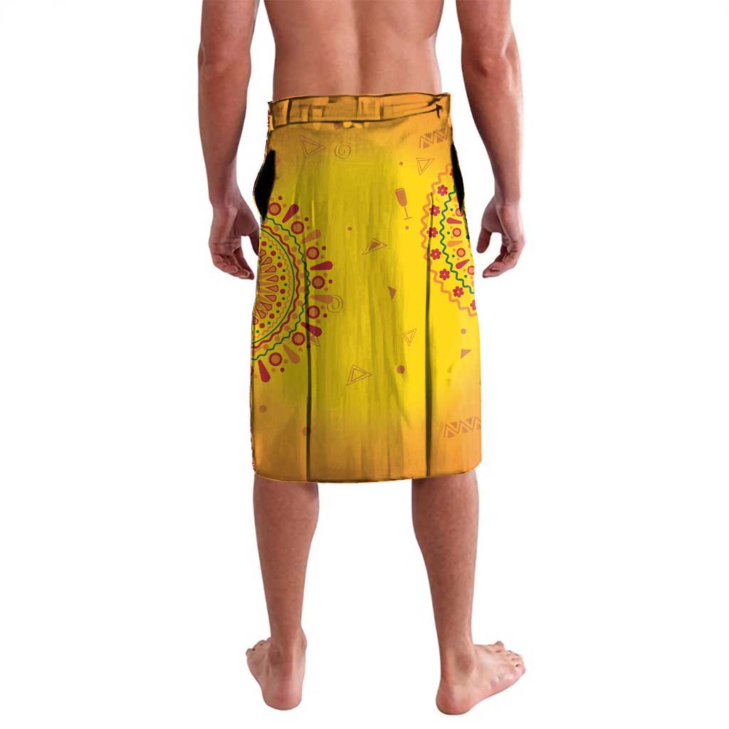 Yellow African-print sarong skirt with dark pattern, elastic waistband