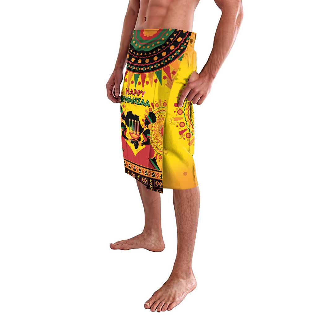Orange-yellow African-pattern wrap sarong skirt with decorative band, side view
