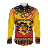 Long-sleeve button shirt, yellow with multicolor African Kwanzaa print and Happy Kwanzaa