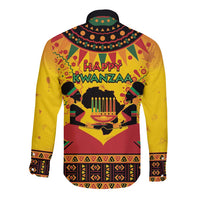 Collared long-sleeve button shirt, yellow with Happy Kwanzaa graphic and African motif