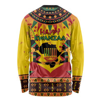 Yellow crew-neck long-sleeve African pattern shirt with Happy Kwanzaa text and candle