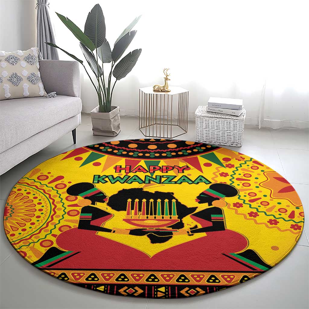 Orange round Kwanzaa carpet with “Happy Kwanzaa” banner and Adinkra-style border pattern