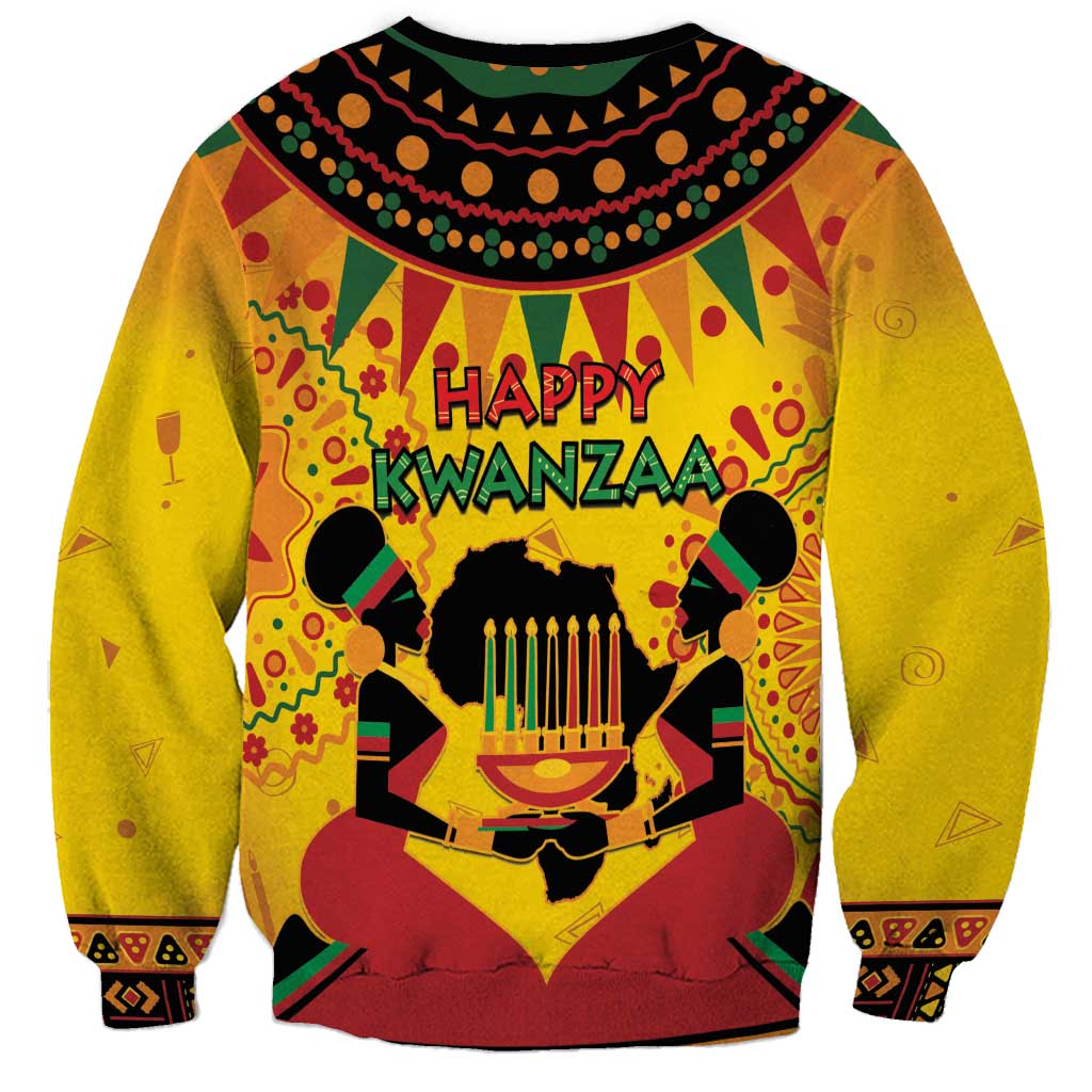 Orange unisex sweatshirt with long sleeves, Happy Kwanzaa text, menorah scene graphic