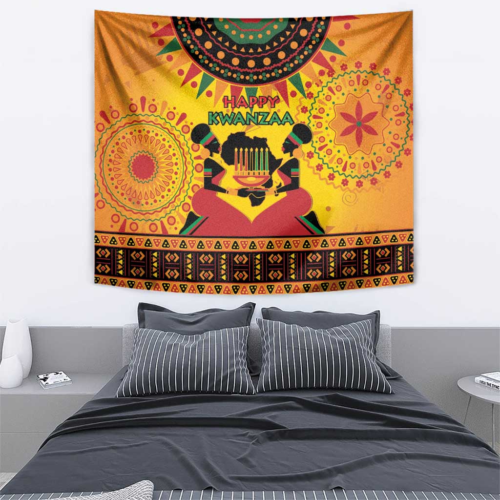 Orange African patterned tapestry reading 'Happy Kwanzaa' with central kinara