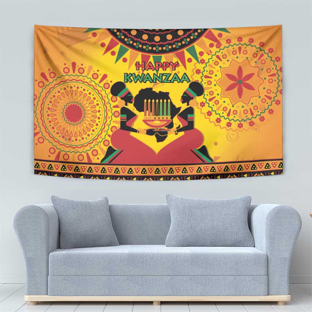 Orange Kwanzaa tapestry with 'Happy Kwanzaa' lettering and decorative border band