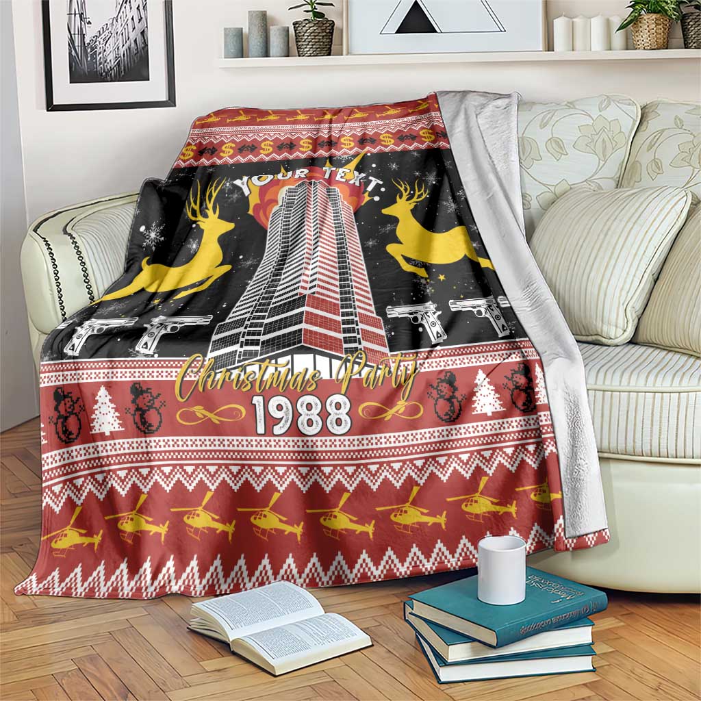 Personalized Christmas party blanket, black with yellow reindeer and skyscraper, 'Your Text'.