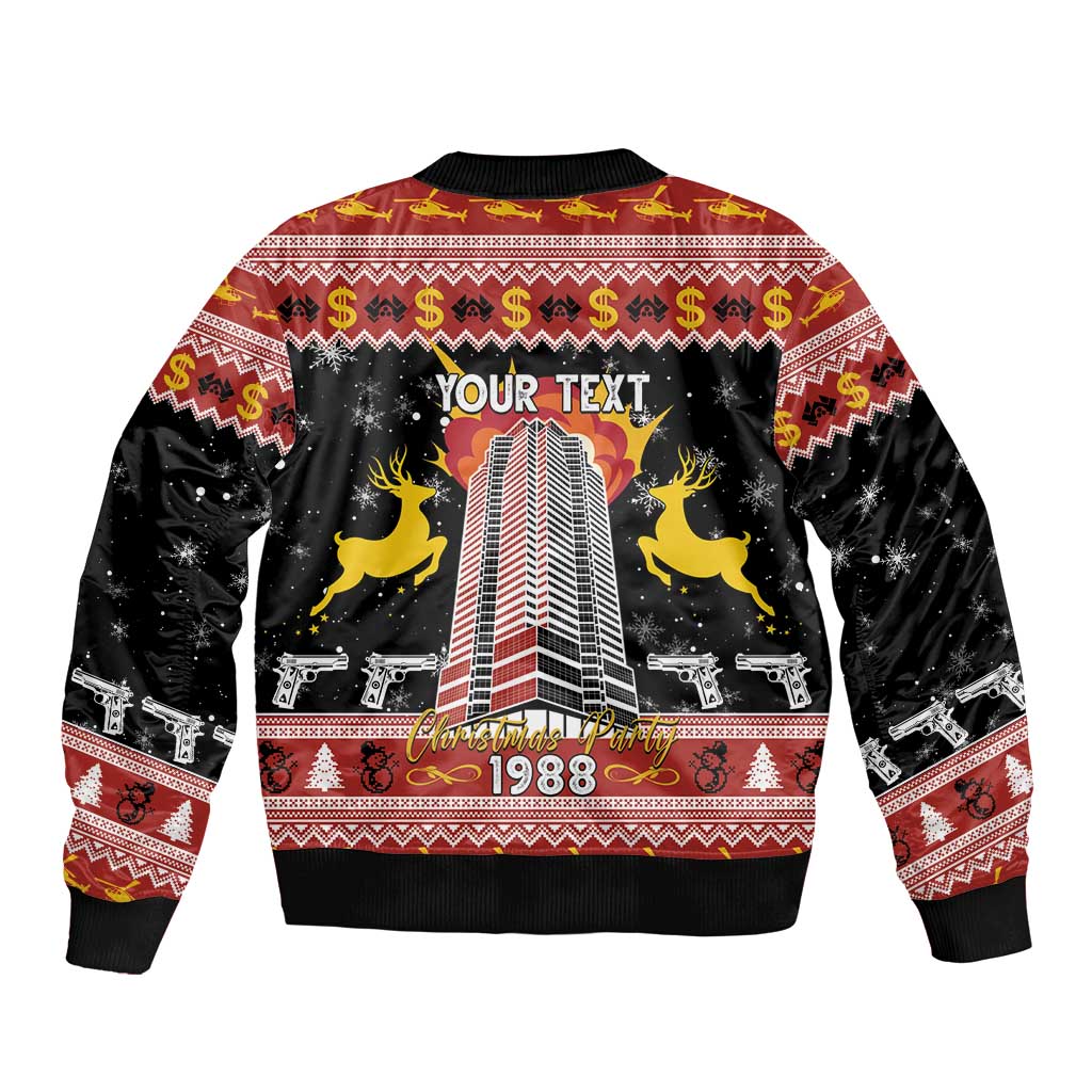 Unisex black bomber jacket with "YOUR TEXT" and 1988 festive skyline on back