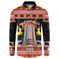 Black long-sleeve button-collar sweatshirt with colorful 1988 holiday city graphic