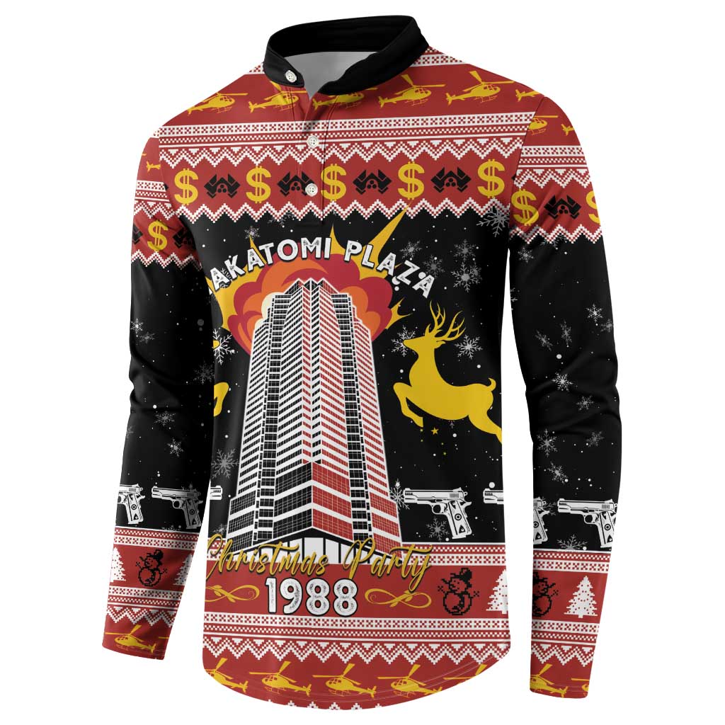 Black long-sleeve button-collar sweatshirt with 1988 city tower and deer festive print