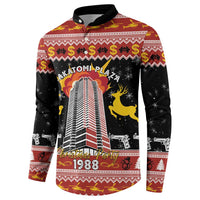 Black long-sleeve button-collar sweatshirt with 1988 city tower and deer festive print