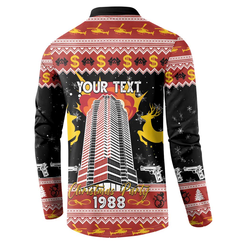 Black long-sleeve button-collar sweatshirt, back shows YOUR TEXT over 1988 city tower
