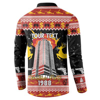 Black long-sleeve button-collar sweatshirt, back shows YOUR TEXT over 1988 city tower