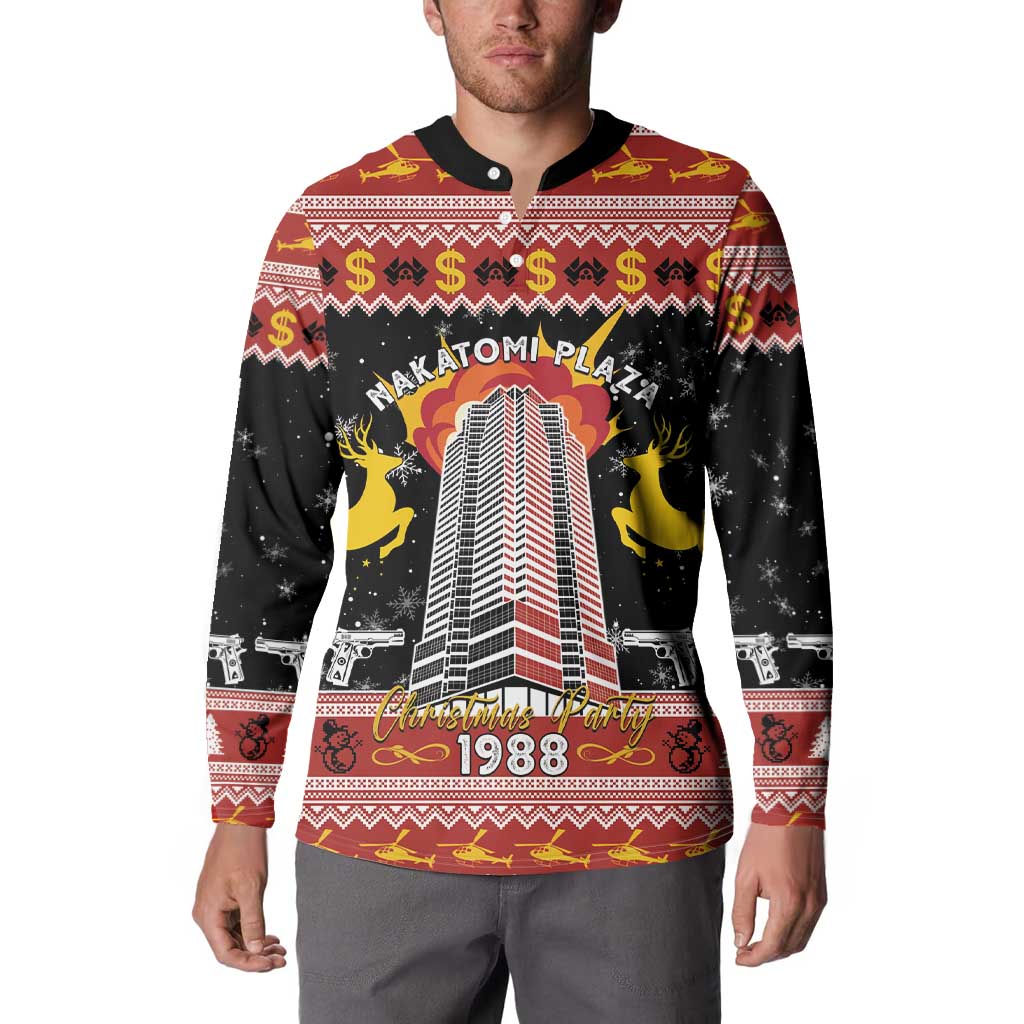 Men's black button-collar sweatshirt with 1988 holiday city tower graphic and reindeer
