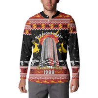 Men's black button-collar sweatshirt with 1988 holiday city tower graphic and reindeer
