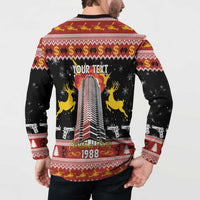 Men's black button-collar sweatshirt, back print shows YOUR TEXT and 1988 city tower
